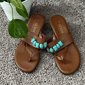 Italian Shoemakers Brown Sandals with Turquoise Beads Made In Italy Size 8